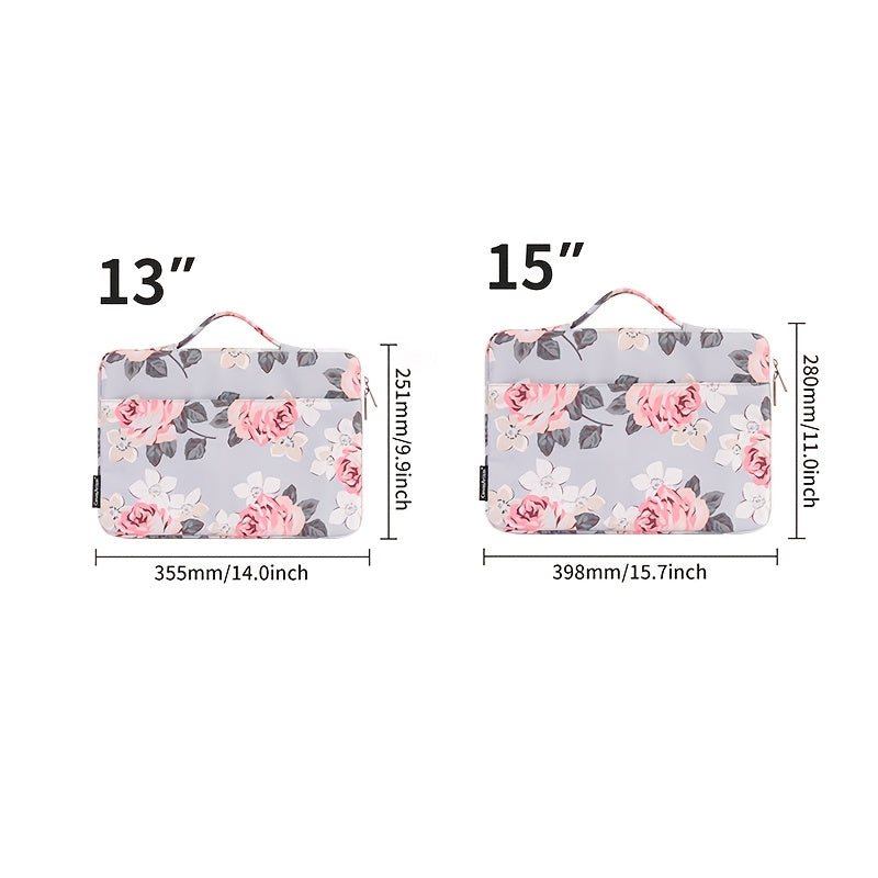 Canvas Artisan Floral Laptop Sleeve Case - Shockproof, Hand-Held Briefcase with Zipper Closure for MacBook, Acer, and More - Stylish Gray with Pink & Black Floral Design, Lightweight & Durable for Daily Commute, Vacation, or