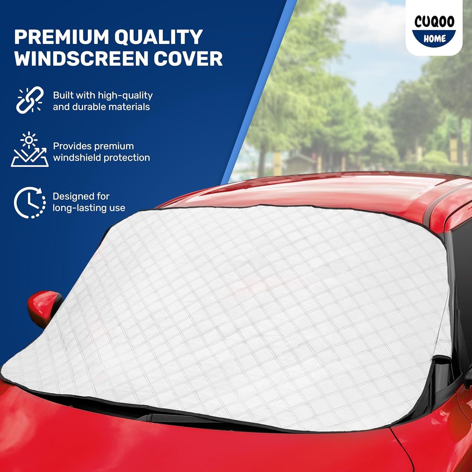 CUQOO Car Windshield Cover - Heavy Duty Car Windscreen Cover For Winter, Frost & Snow Protector, Ultra-Thick, Waterproof & Windproof Windscreen Cover, All-Season Ice Shield for Cars, SUVs & Trucks – Available in Large & X-L