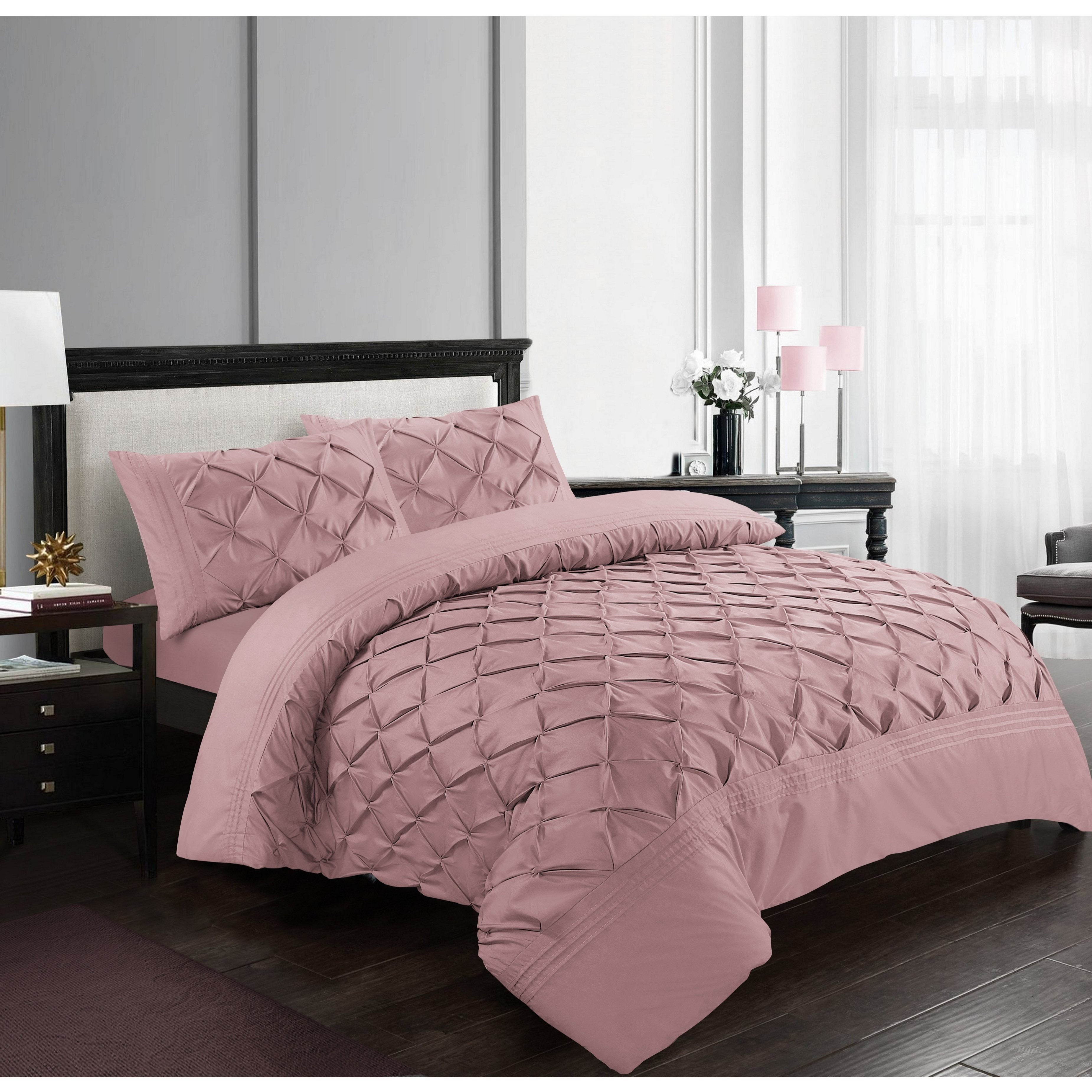 Luxury Pintuck Duvet Cover Set Double King Super King Soft Microfiber Pinch Pleat Bedding Set with Pillowcases White Silver Charcoal Pink