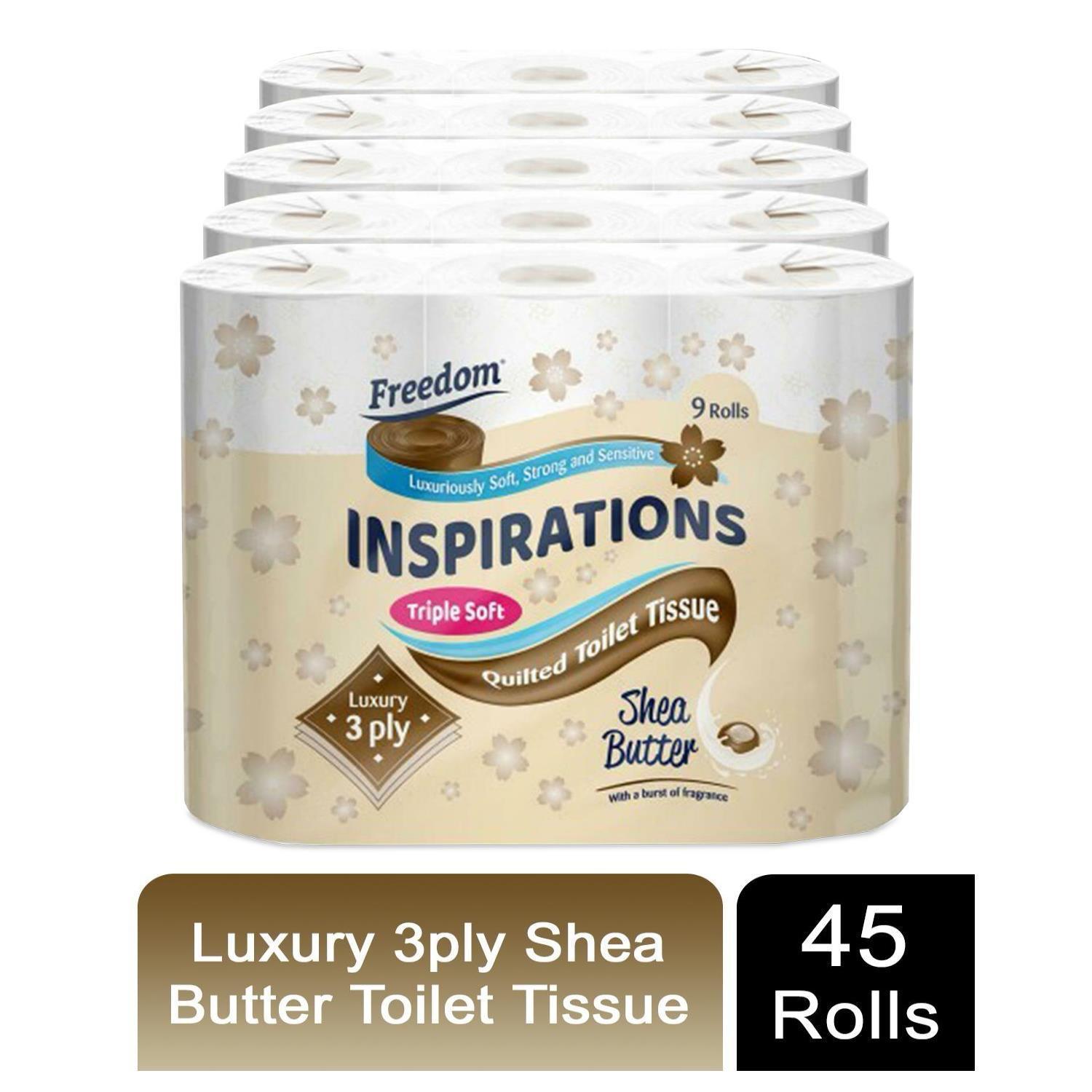 Freedom Inspiration 45 Luxury Toilet Rolls - 3-Ply Shea Butter Fragrance, Hygienic Comfort, Disposable Cleaning Sheets Pack Scented Tissue Wipes