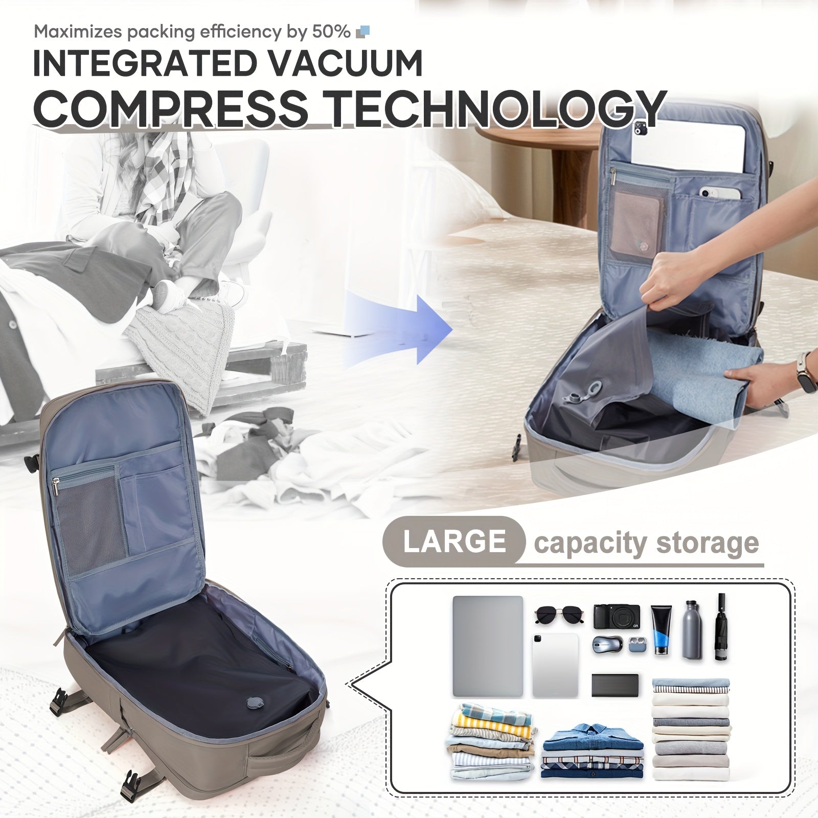 Lightweight Large Capacity Travel Vacuum Backpack - Durable Nylon Business & Vacation Bag with Multiple Compartments, Adjustable Shoulder Straps, and Secure Zippers for Men and Women, Business Travel Bag, Spacious Compartment