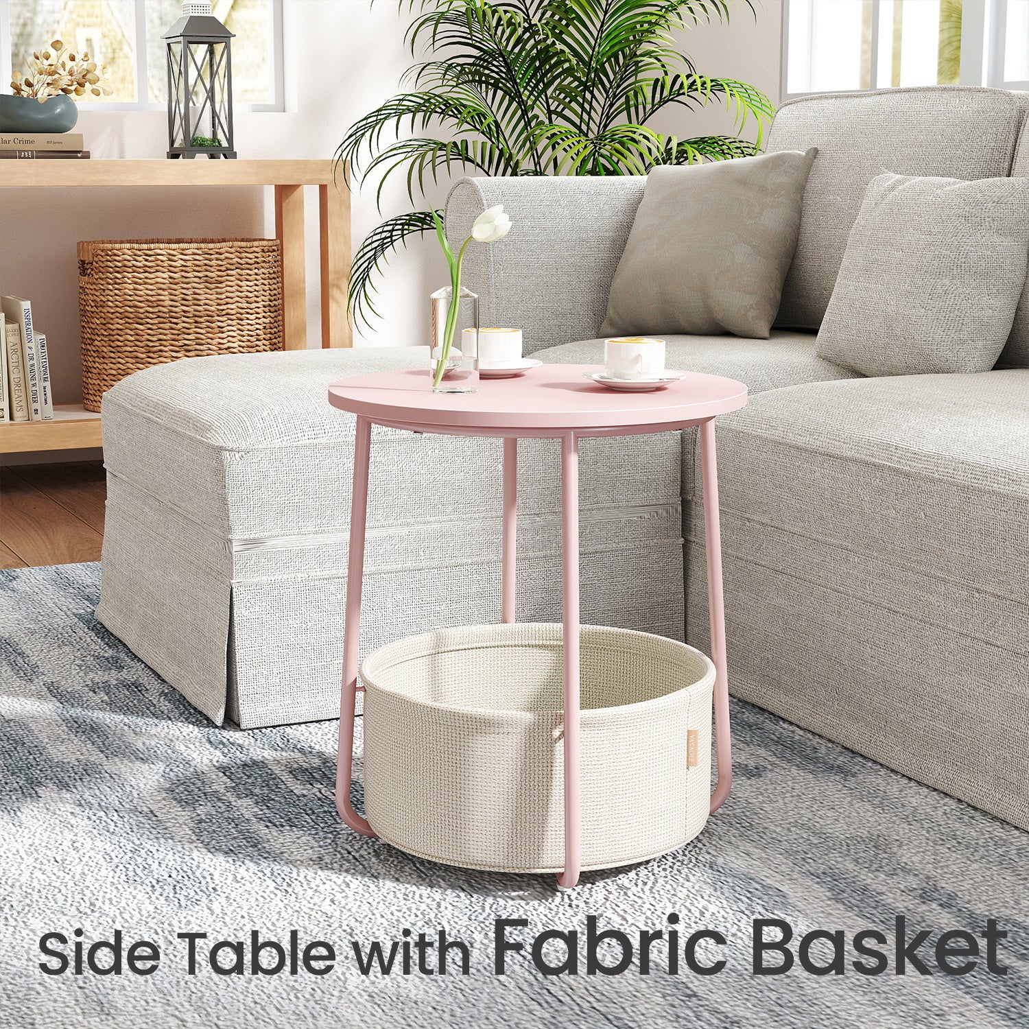 Side Table, Round End Table with Fabric Basket, for Living Room Bedroom, Bedside Table, Modern Style,Cream White,Laurel Green,Jelly Pink,Cement Grey,Ebony Black,Various colors