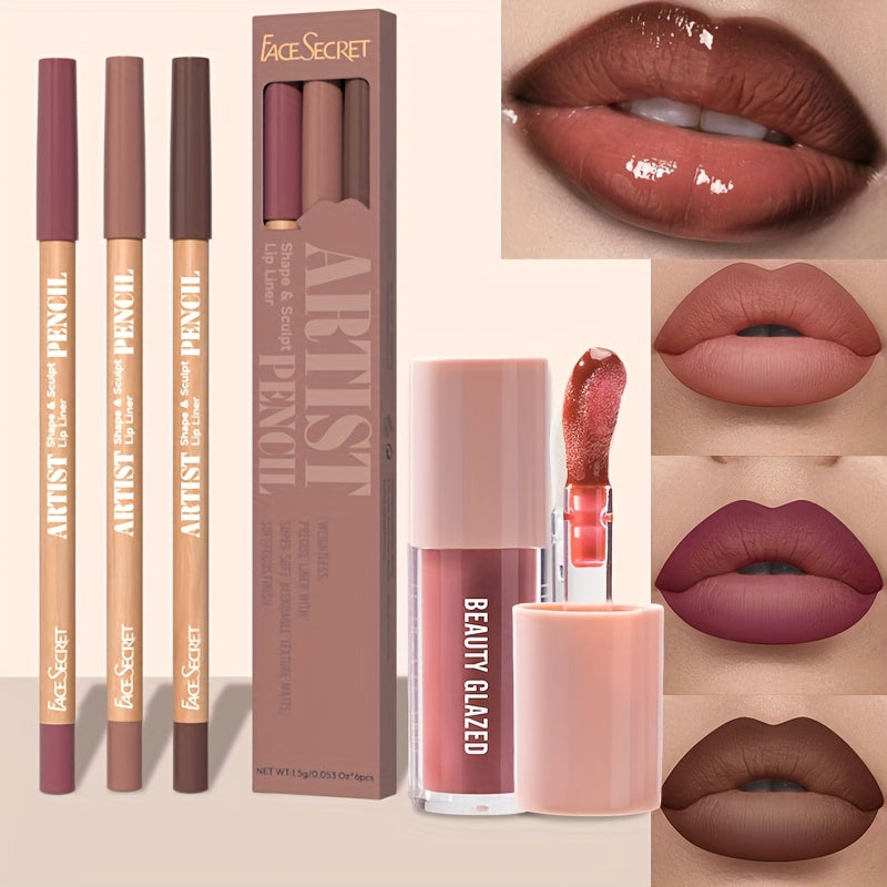 4pack/Set Long Wear High Shine Lip Gloss Combo - Moisturizing Fresh Lightweight Plumping Lip Gloss for Women with Brown Lip Liner Set Non-Sticky Liquid Lipstick