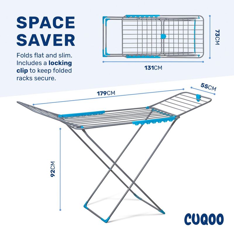 CUQOO Foldable Airer - Compact Clothes Drying Rack, Winged Heavy Duty Indoor Airer, Outdoor Clothing Drying Rack w/ 22 Bars, Large Premium Stainless Steel Laundry Clothes Horse