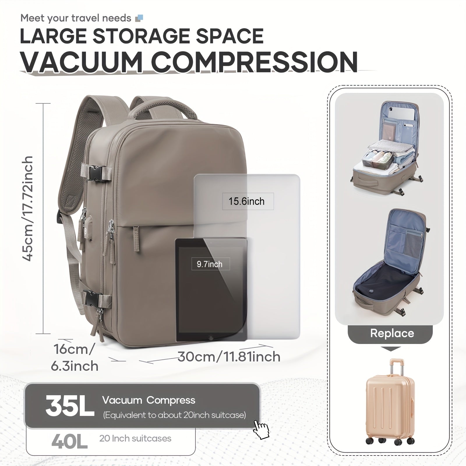 Lightweight Large Capacity Travel Vacuum Backpack - Durable Nylon Business & Vacation Bag with Multiple Compartments, Adjustable Shoulder Straps, and Secure Zippers for Men and Women, Business Travel Bag, Spacious Compartment