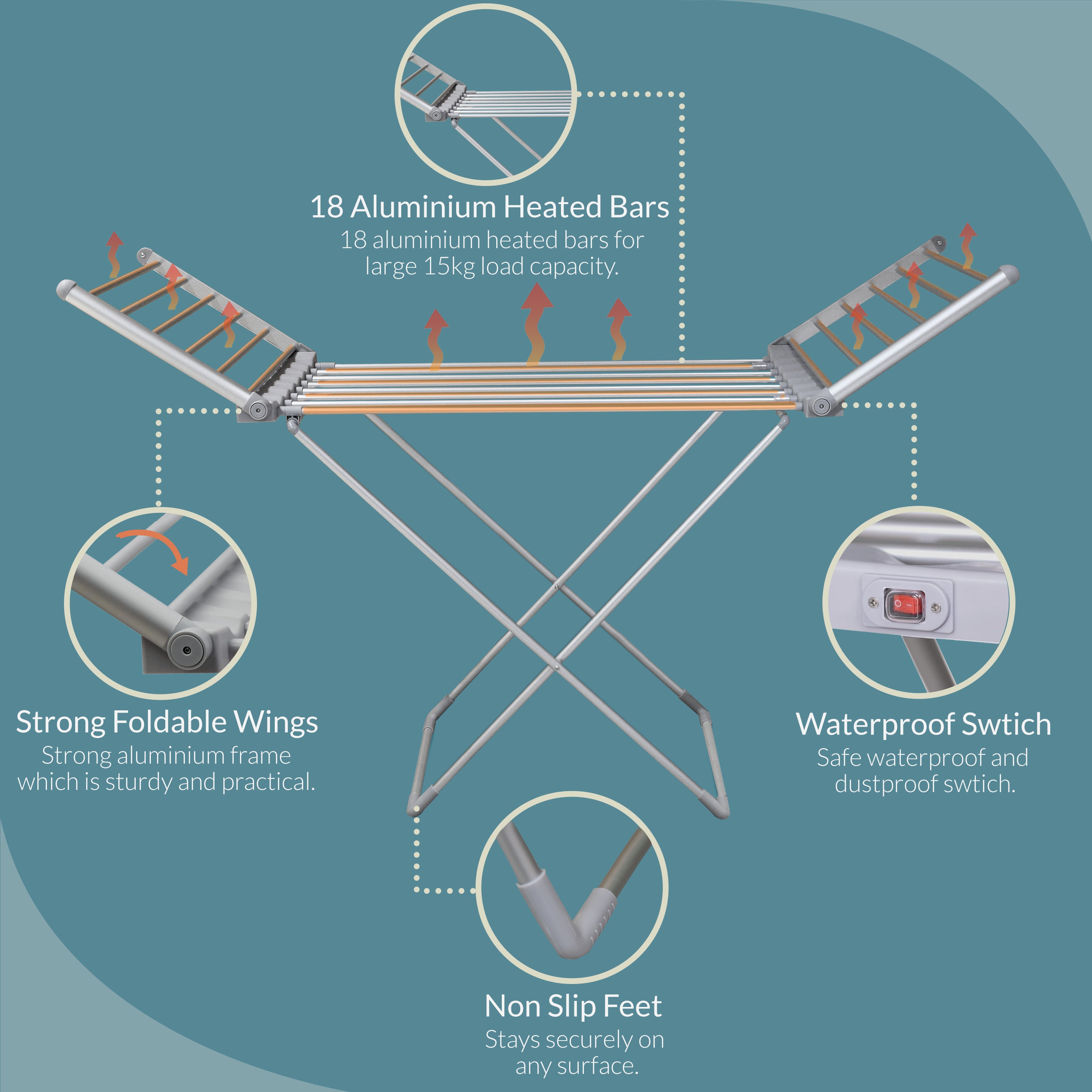 Winged Heated Airer, Foldable Electric Heated Clothes Airer 230W, Portable Indoor Clothes Drying Rack, Free Standing 12m Drying Space, 10kg Capacity, Low Energy Clothes Dryer, Grey (Cover Not Included)