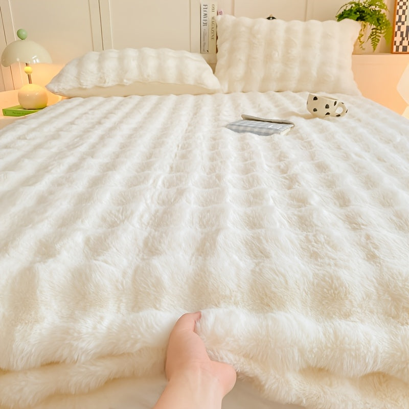 Rabbit Fur-Like Plush Fitted Sheet with 11.8" Deep Pocket (30-34cm) - Thickened Winter Bedspread, Anti-Slip Mattress Protector, Soft Fluffy Bed Cover for Queen/King/King Size Beds, Hotels, Dorms - Machine Washable Luxury Bedd