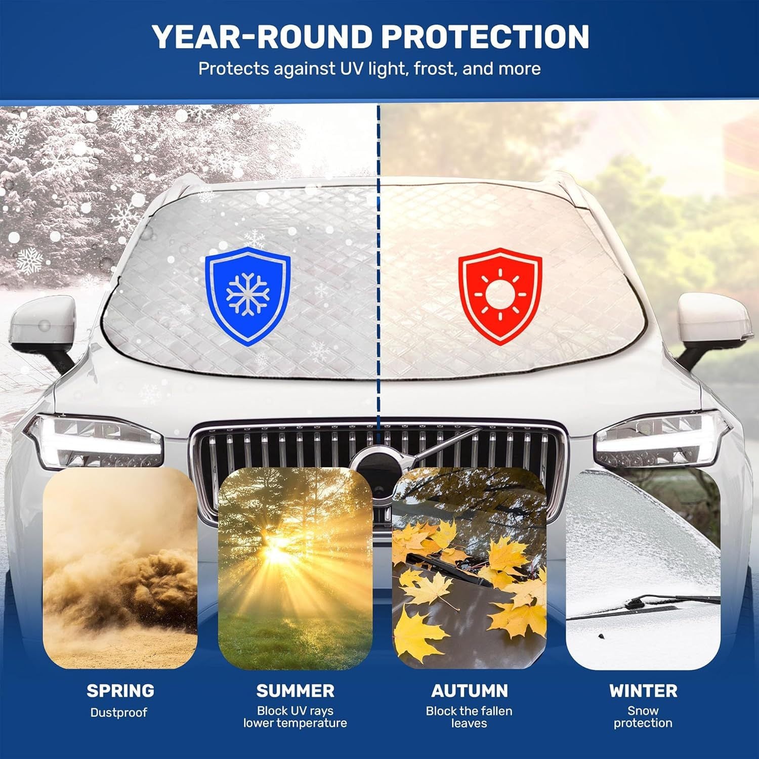 CUQOO Car Windshield Cover - Heavy Duty Car Windscreen Cover For Winter, Frost & Snow Protector, Ultra-Thick, Waterproof & Windproof Windscreen Cover, All-Season Ice Shield for Cars, SUVs & Trucks – Available in Large & X-L