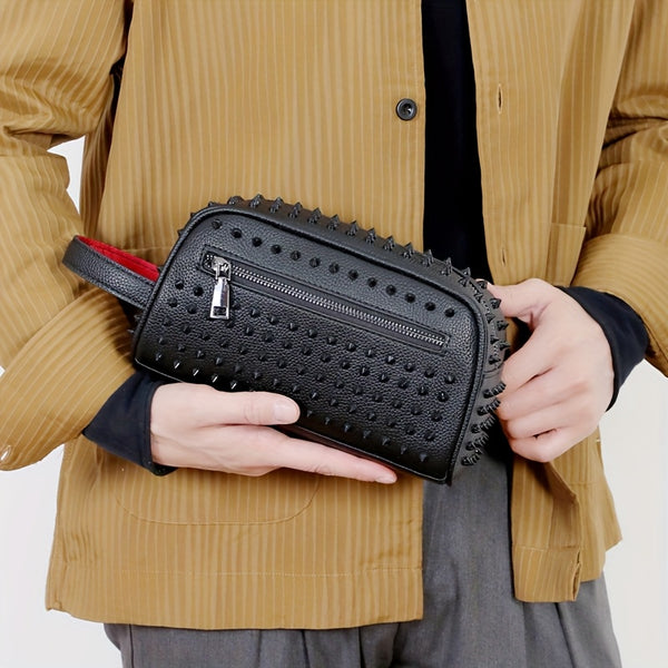 LUMG 's & 's Gothic Punk Handbag - Black Spiked Stud Accent Handheld Purse, Golden-Tone Hardware, Durable Unisex Clutch for Daily Use, Travel, Parties - Edgy Gift for & (Motorcycle Style Inspired)