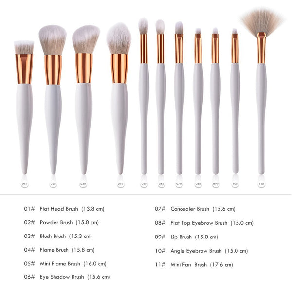 11pcs White Gold Professional Women Base Makeup Brush Set: Oblique Powder, Blush, Concealer, Cheek Makeup Brush Tools Eyes Kit