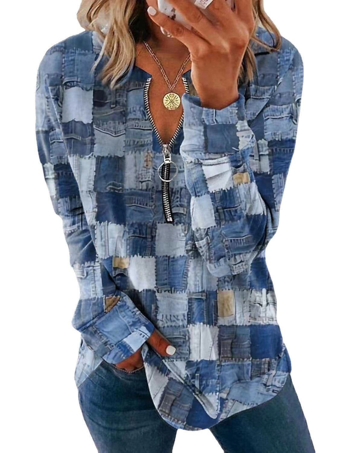 Faux Denim Printed Zipper Casual Top