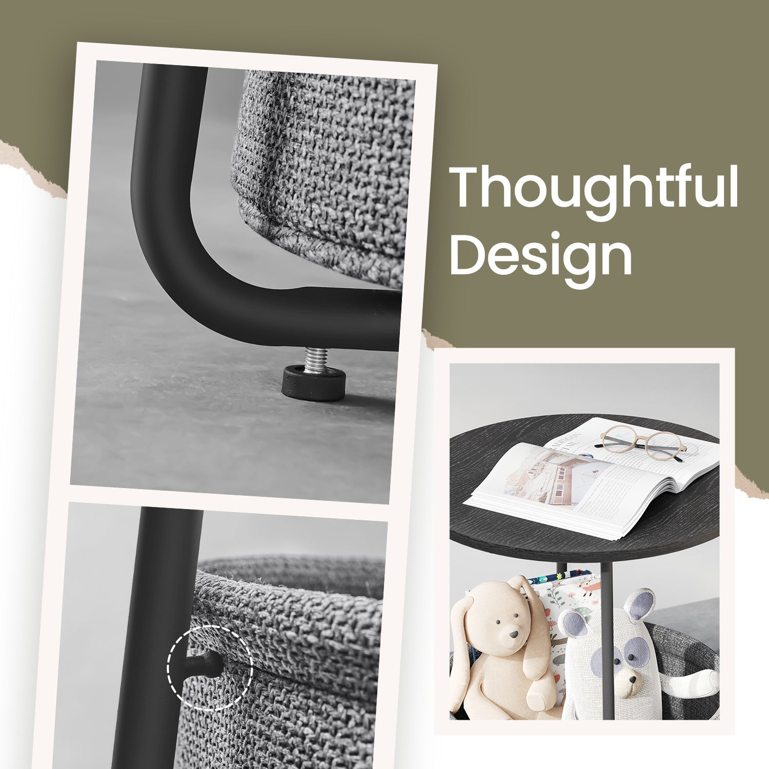 Side Table, Round End Table with Fabric Basket, for Living Room Bedroom, Bedside Table, Modern Style,Cream White,Laurel Green,Jelly Pink,Cement Grey,Ebony Black,Various colors