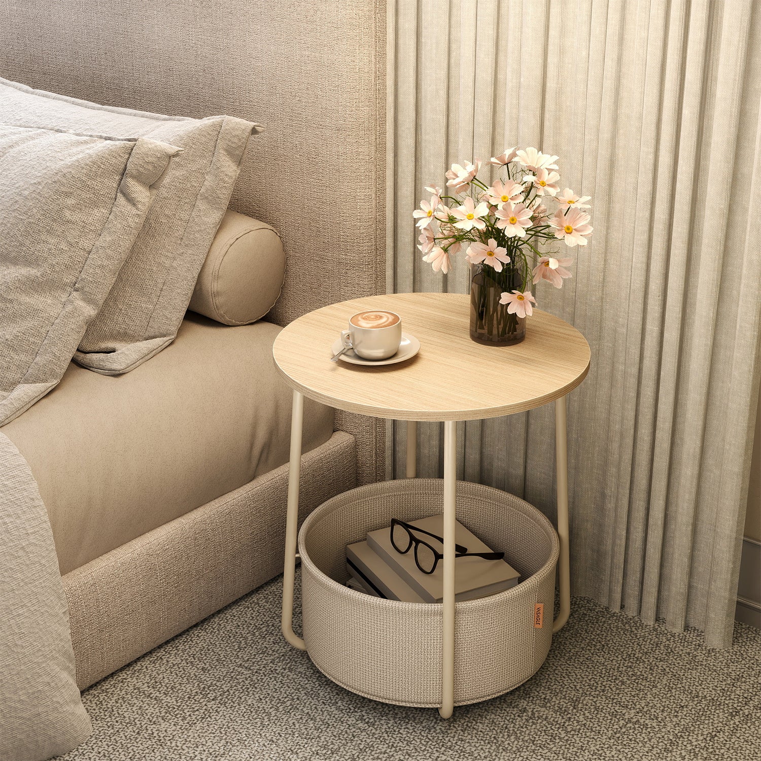 Side Table, Round End Table with Fabric Basket, for Living Room Bedroom, Bedside Table, Modern Style,Cream White,Laurel Green,Jelly Pink,Cement Grey,Ebony Black,Various colors
