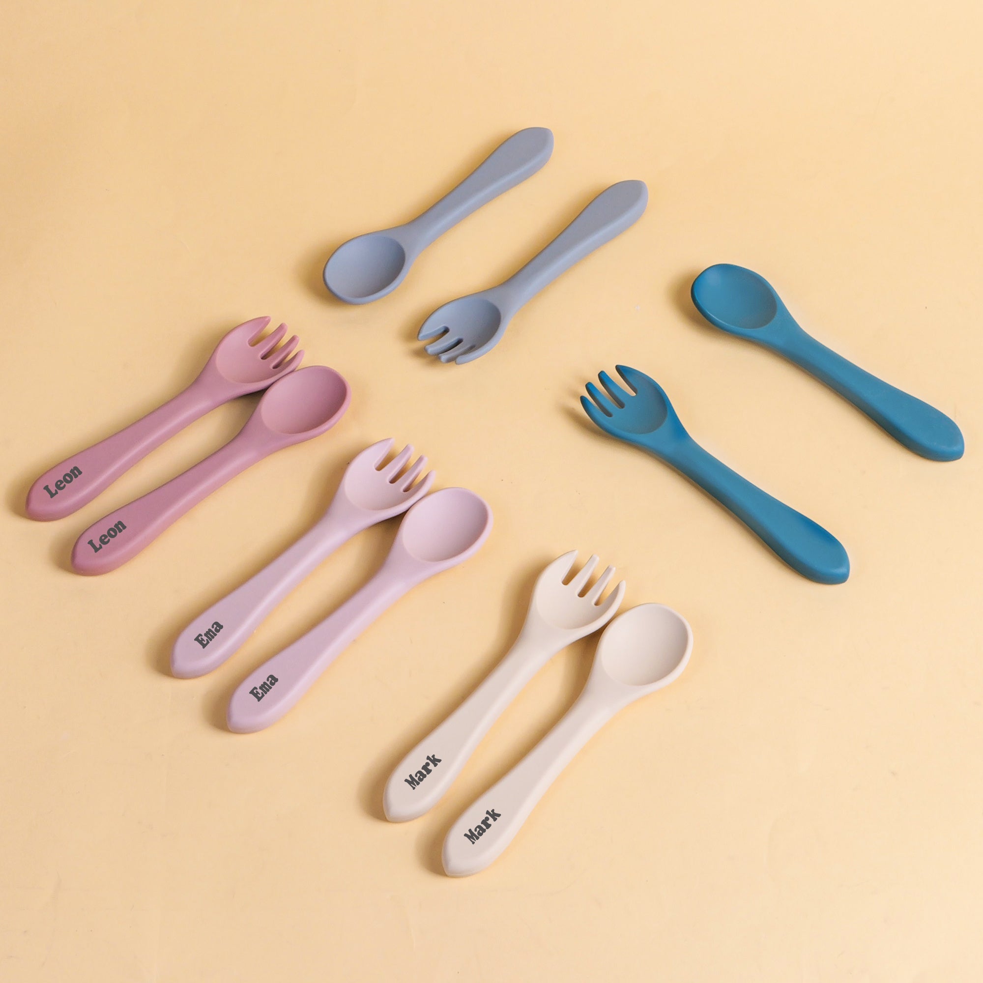 TYRY.HU Customizable Baby Fork and Scoop Sets, 100% Silicone, BPA FREE, Toddler Baby Led Weaning Silverware Cutlery Flatware, Kids First Self Feeding, with Blue, Beige, Space Gray, Deep Pink, Green and Pink Options, for Newbo