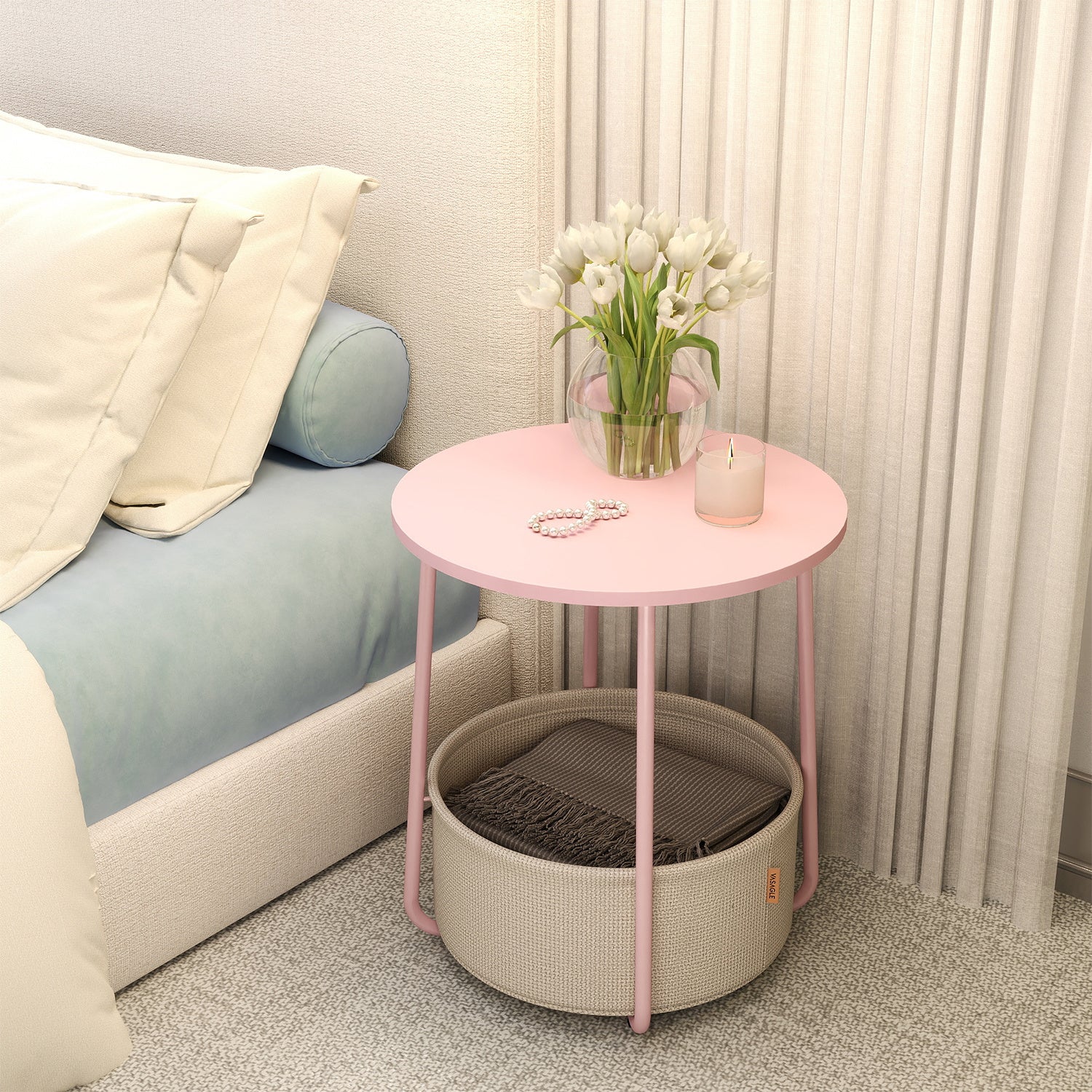 Side Table, Round End Table with Fabric Basket, for Living Room Bedroom, Bedside Table, Modern Style,Cream White,Laurel Green,Jelly Pink,Cement Grey,Ebony Black,Various colors