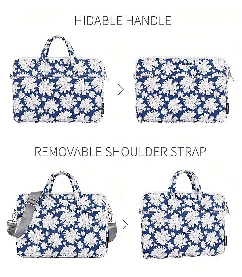 Shockproof Laptop Briefcase with Detachable Strap & Adjustable Shoulder Strap - Floral Print, Zipper Closure, Lining, Casual Style for Daily Commute & Travel