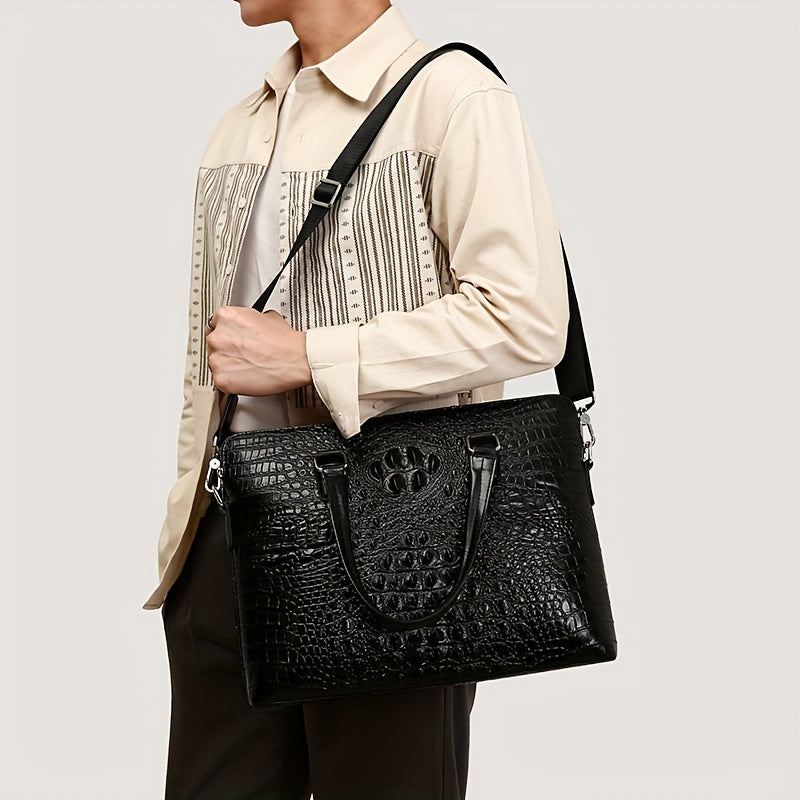 Men's Crocodile Pattern Briefcase - Stylish Business & Commuter Bag with Laptop Compartment, Adjustable Shoulder Strap, and Zipper Closure, Black, Laptop Carrying Case