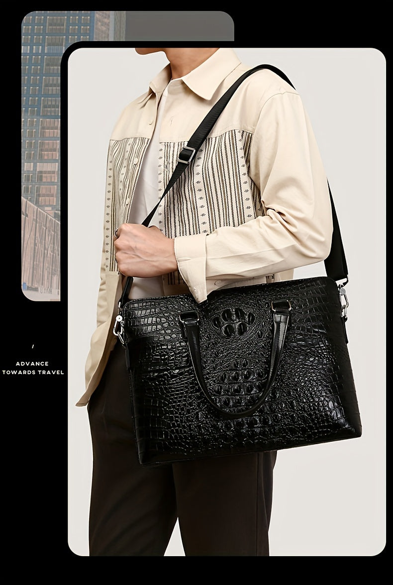 Men's Crocodile Pattern Briefcase - Stylish Business & Commuter Bag with Laptop Compartment, Adjustable Shoulder Strap, and Zipper Closure, Black, Laptop Carrying Case