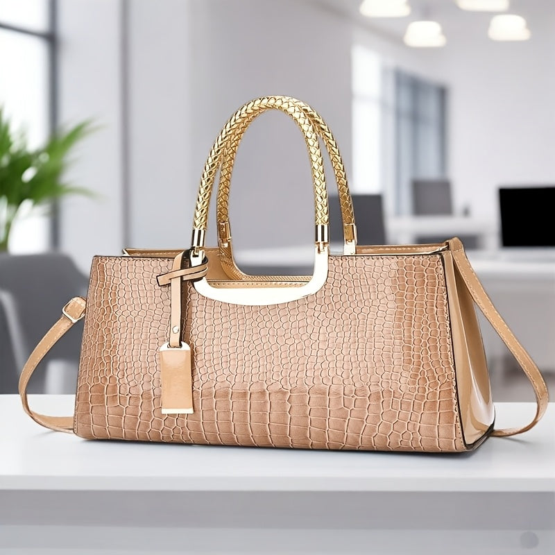 Elegant Evening Clutch, Made of Crocodile-Patterned with Golden Hardware And a Detachable Shoulder Strap - a Stylish Handbag for Parties, Weddings, And Formal Events, Luxurious Women'S Bag with a Glossy Stone-Textured Crocodi