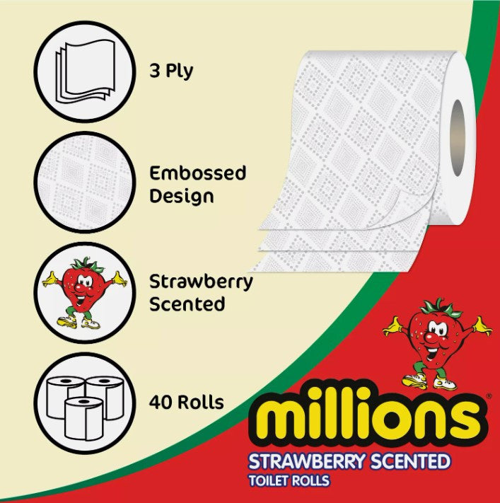 Millions Toilet Roll 3ply Strawberry Scented Soft Quilted Luxury Tissue Paper Strong & soft 40 Rolls
