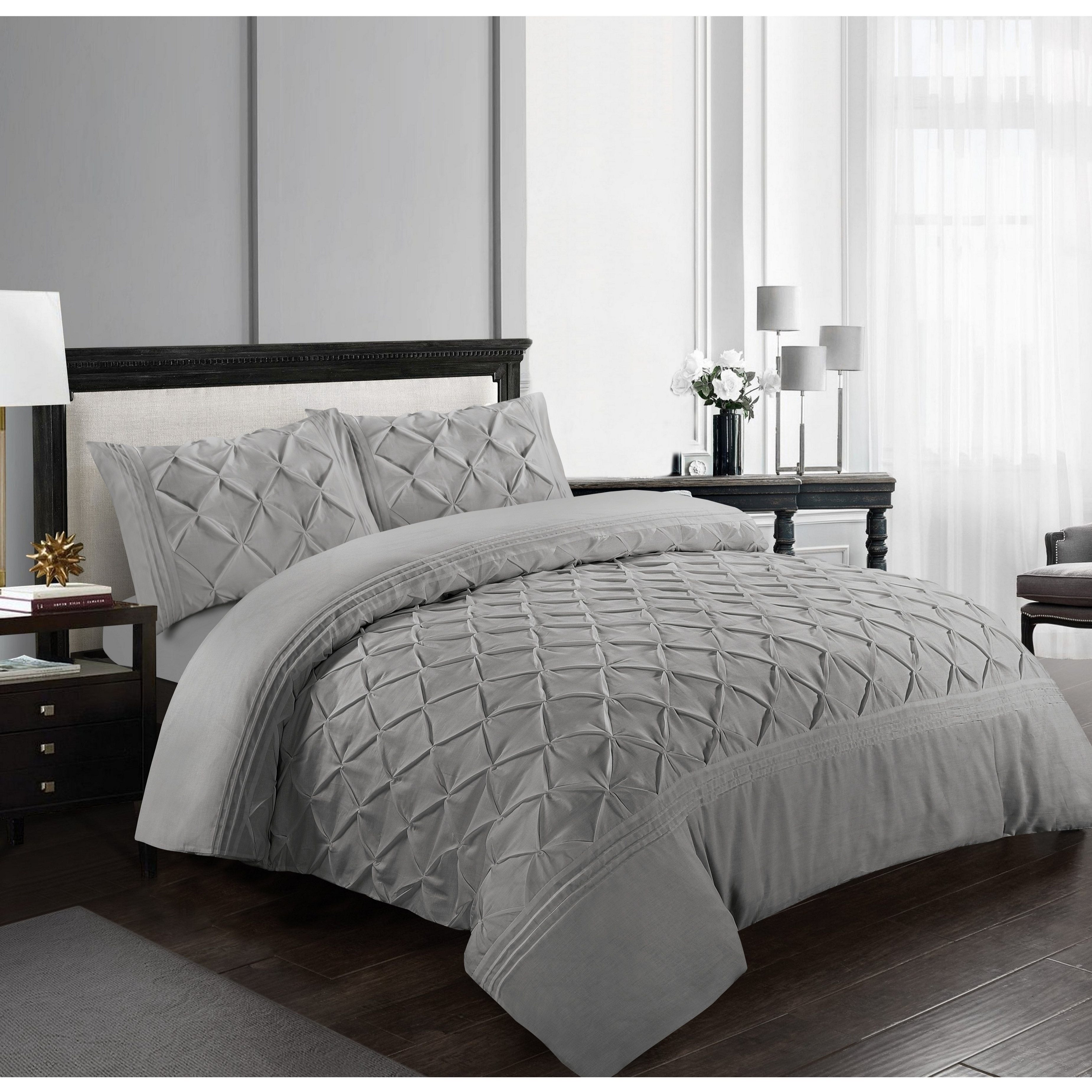 Luxury Pintuck Duvet Cover Set Double King Super King Soft Microfiber Pinch Pleat Bedding Set with Pillowcases White Silver Charcoal Pink