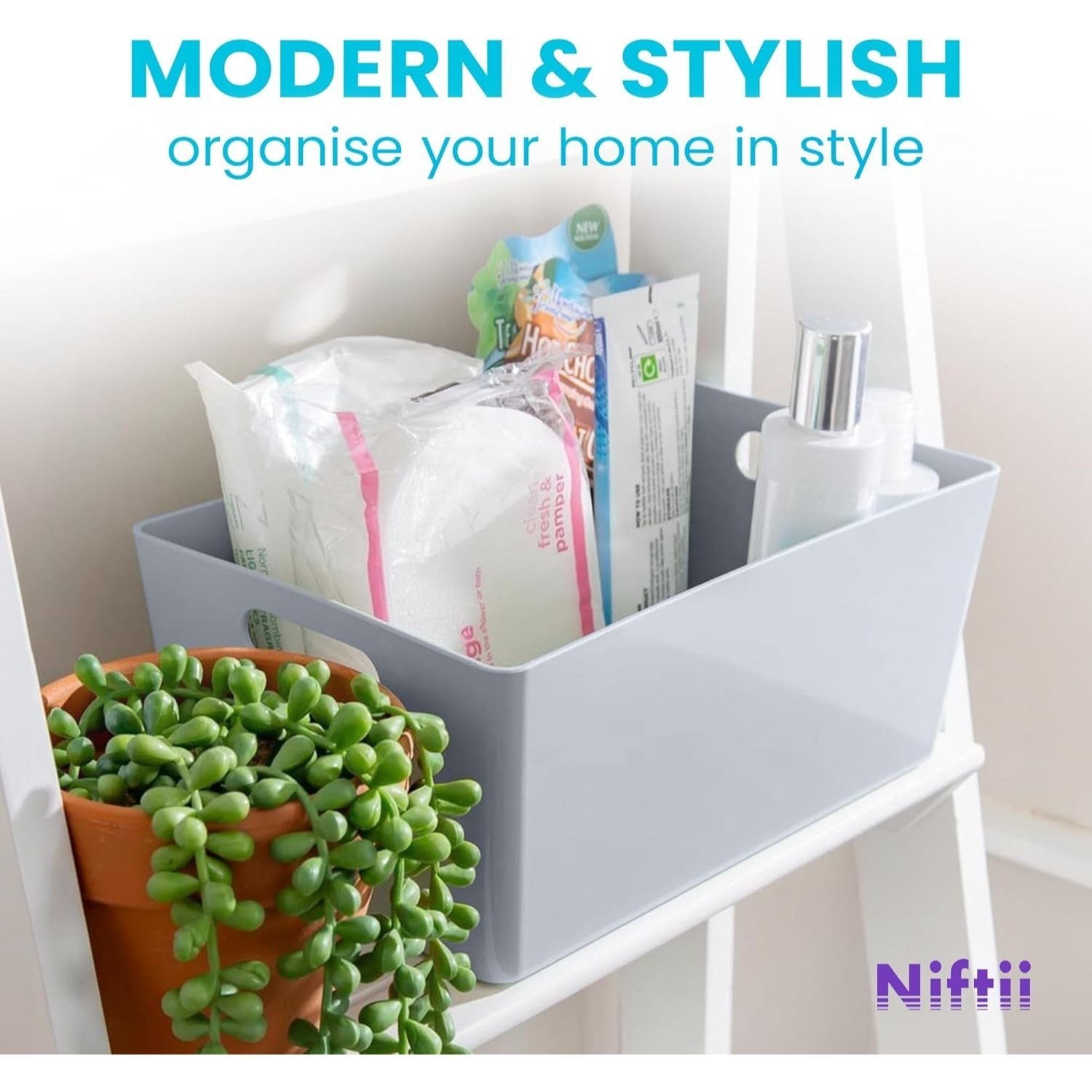 Niftii 5-Pack Plastic Storage Baskets with Sturdy Handles, Lightweight & Durable Design, Ideal for Kitchen, Bathroom, and Cleaning Organisation, 3.9L Capacity, 17 x 25 x 11cm