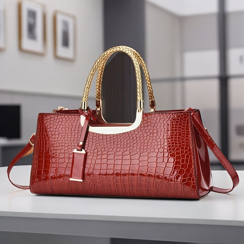 Elegant Evening Clutch, Made of Crocodile-Patterned with Golden Hardware And a Detachable Shoulder Strap - a Stylish Handbag for Parties, Weddings, And Formal Events, Luxurious Women'S Bag with a Glossy Stone-Textured Crocodi