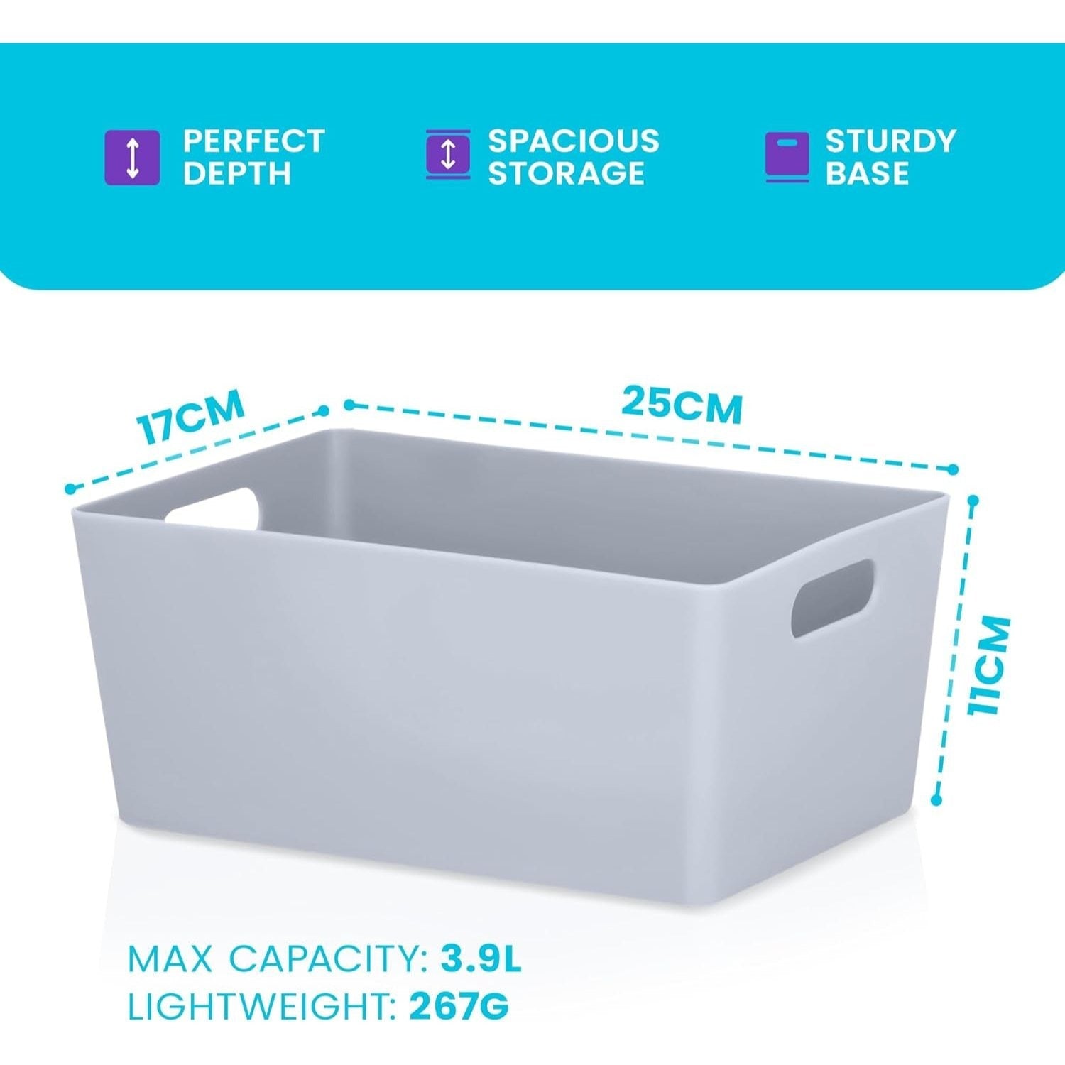 Niftii 5-Pack Plastic Storage Baskets with Sturdy Handles, Lightweight & Durable Design, Ideal for Kitchen, Bathroom, and Cleaning Organisation, 3.9L Capacity, 17 x 25 x 11cm