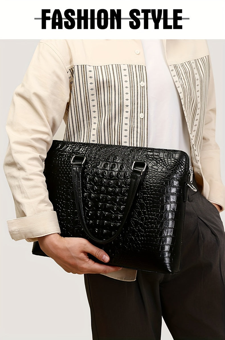 Men's Crocodile Pattern Briefcase - Stylish Business & Commuter Bag with Laptop Compartment, Adjustable Shoulder Strap, and Zipper Closure, Black, Laptop Carrying Case