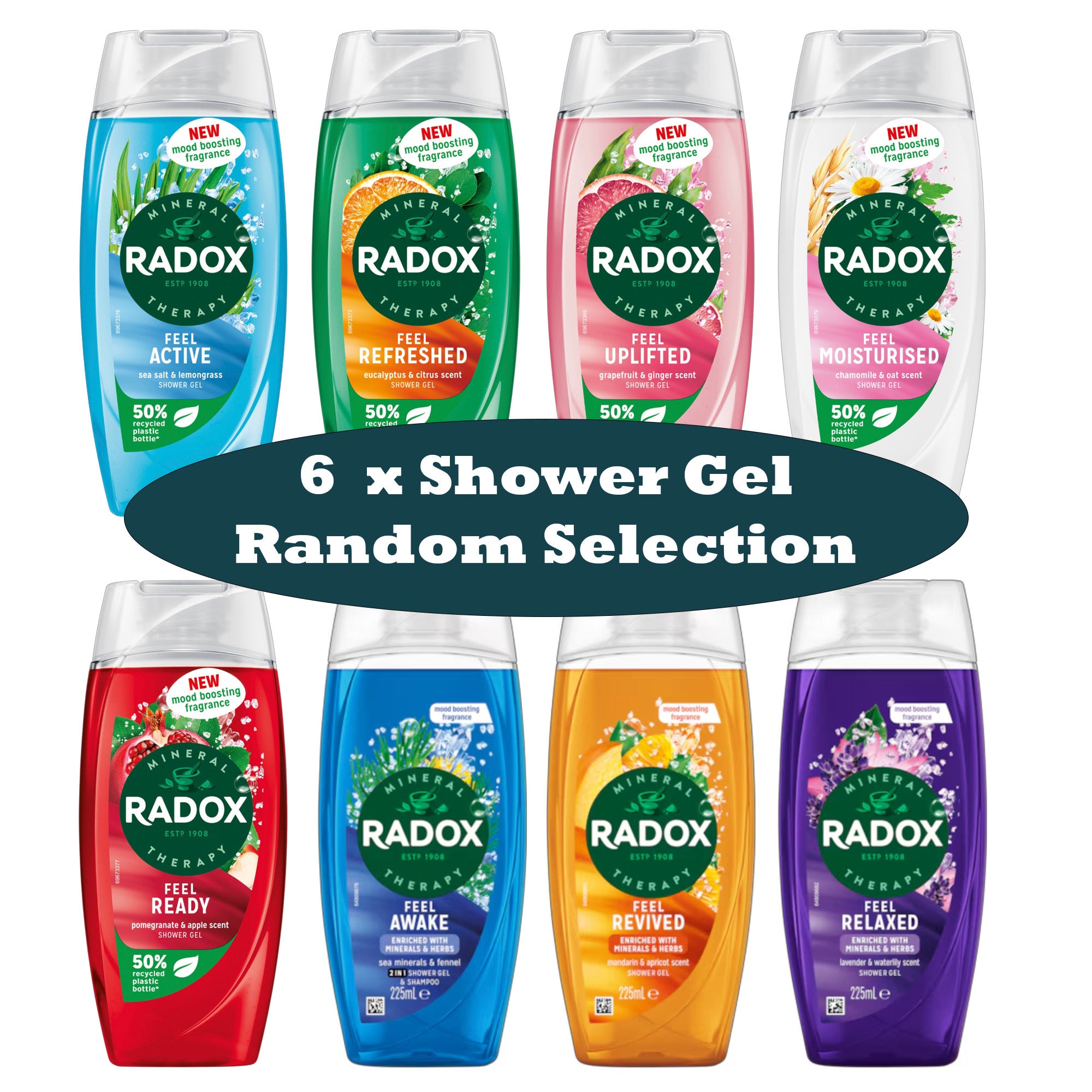 Radox Shower Gel 6 × 225 Ml – Random Fragrance Selection