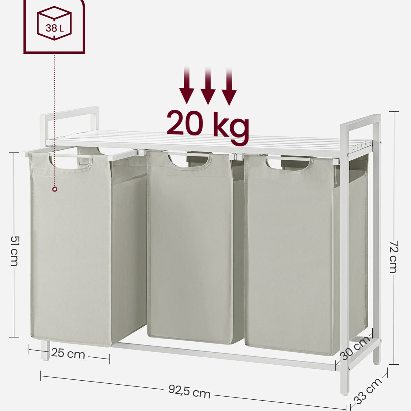 Laundry Basket, 3-Compartment Laundry Hamper, Freestanding Clothes Hamper, Laundry Bag Stands Up Well, Removable Laundry Bags, Laundry Sorter, Shelf, Metal Frame, 3 x 38 L, Black/White/Grey