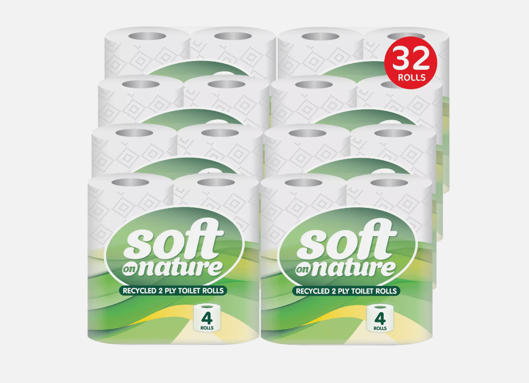 Soft 4 Pack Toilet Tissue 2-PLY 32 Rolls, From Recovered Materials 8 packs x 4 rolls
