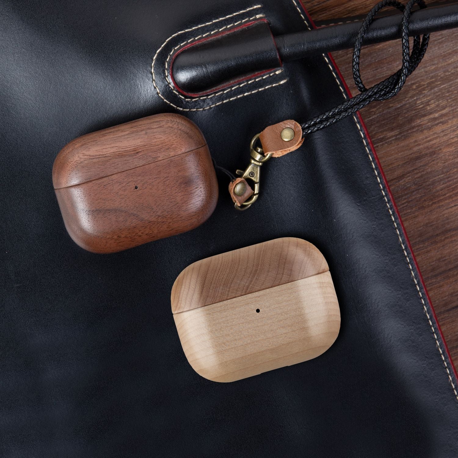 Genuine Real Wood AirPods Pro Rugged Earphone Case: Wooden Wireless Charging Lanyard for Keys