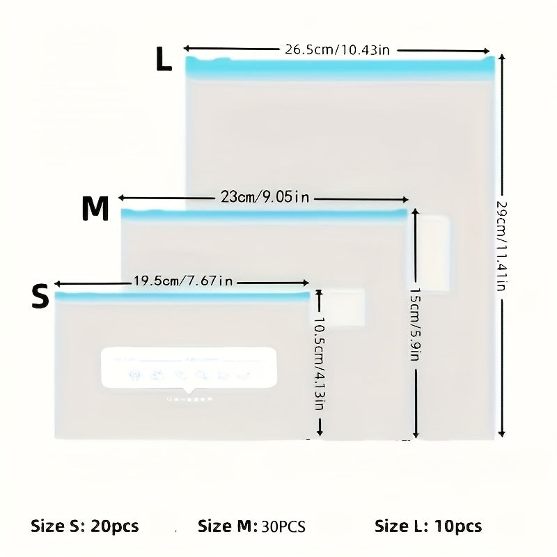 60pcs Reusable Food Storage Bags - 3 Sizes Available, Zipper Sealed & Leak-Proof, Suitable for Fruits, Vegetables, Meat & Grains, Essential for Kitchen Organization