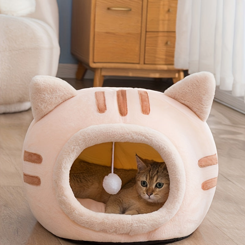 Four Seasons Warm and Soft Semi-closed Cat House, Non Slip Bottom Cat Shaped Cat Bed for Puppy Pet Bed