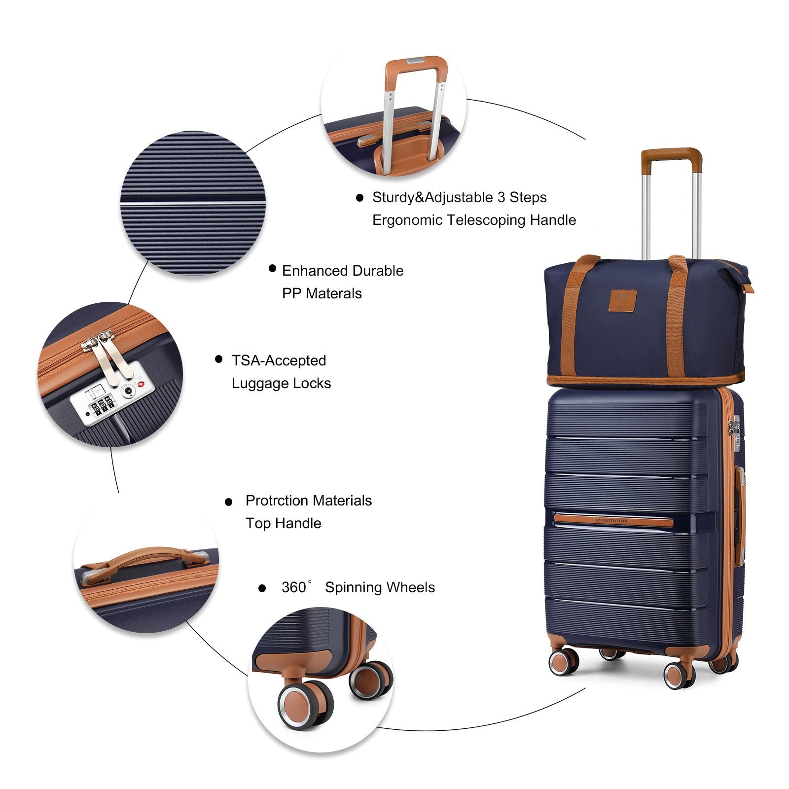 BRITISH TRAVELLER 3pcs Hard Case Suitcase Trolley Set with Multi-Texture, 100% PP Material. Hand Luggage Suitcase Equipped with 4 Smooth-rolling Spinner Wheels, Ideal for Travel. Comes with TSA Lock and Tote Bag, Perfect for