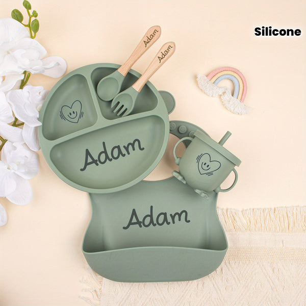 Personalised Silicone Weaning Set, Custom Plate, Cartoon Weaning Set for Youngsters, Feeding Set with Name, Youngsters Shower Gift.
