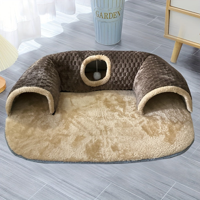2-in-1 Non-Slip Cozy Cat Play Tunnel & Bed - Soft Polyester Fiber Fill, Easy Install Pet House