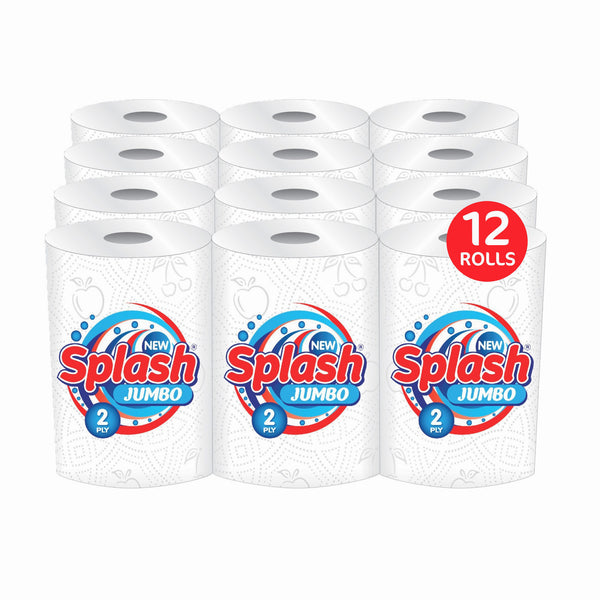 Splash Jumbo 2ply Kitchen Roll, Multipurpose White Towel Paper 12 Rolls Absorbent Strong When Wet All Purpose 132 Sheets per Roll