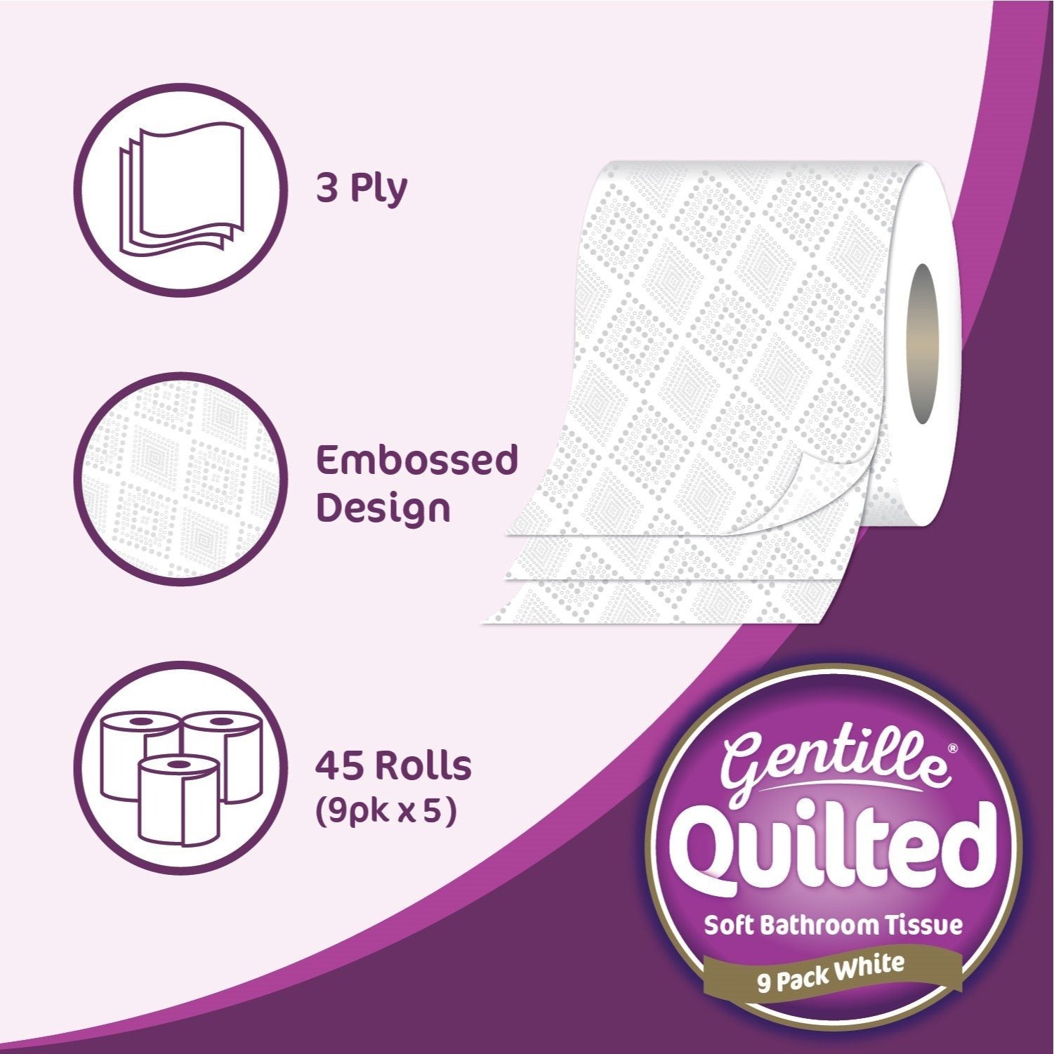 Toilet Tissue 45 rolls. Gentille Quilted Bathroom Tissue Luxury 3-Ply Toilet Paper Soft, Strong, & Responsibly