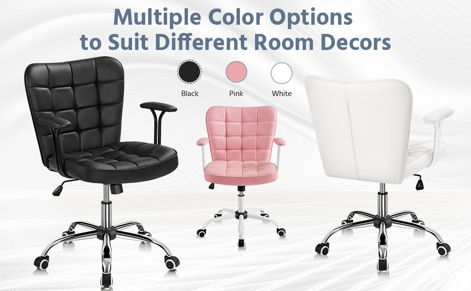 Costoffs Desk Chair, Mid Back PU Leather Office Chair with Padded Arms & Adjustable Seat Height, Modern Faux Leather Swivel Vanity Chair, Upholstered Computer Chair with 360° Swivel Vanity Chair for Home Office Workers, Remo