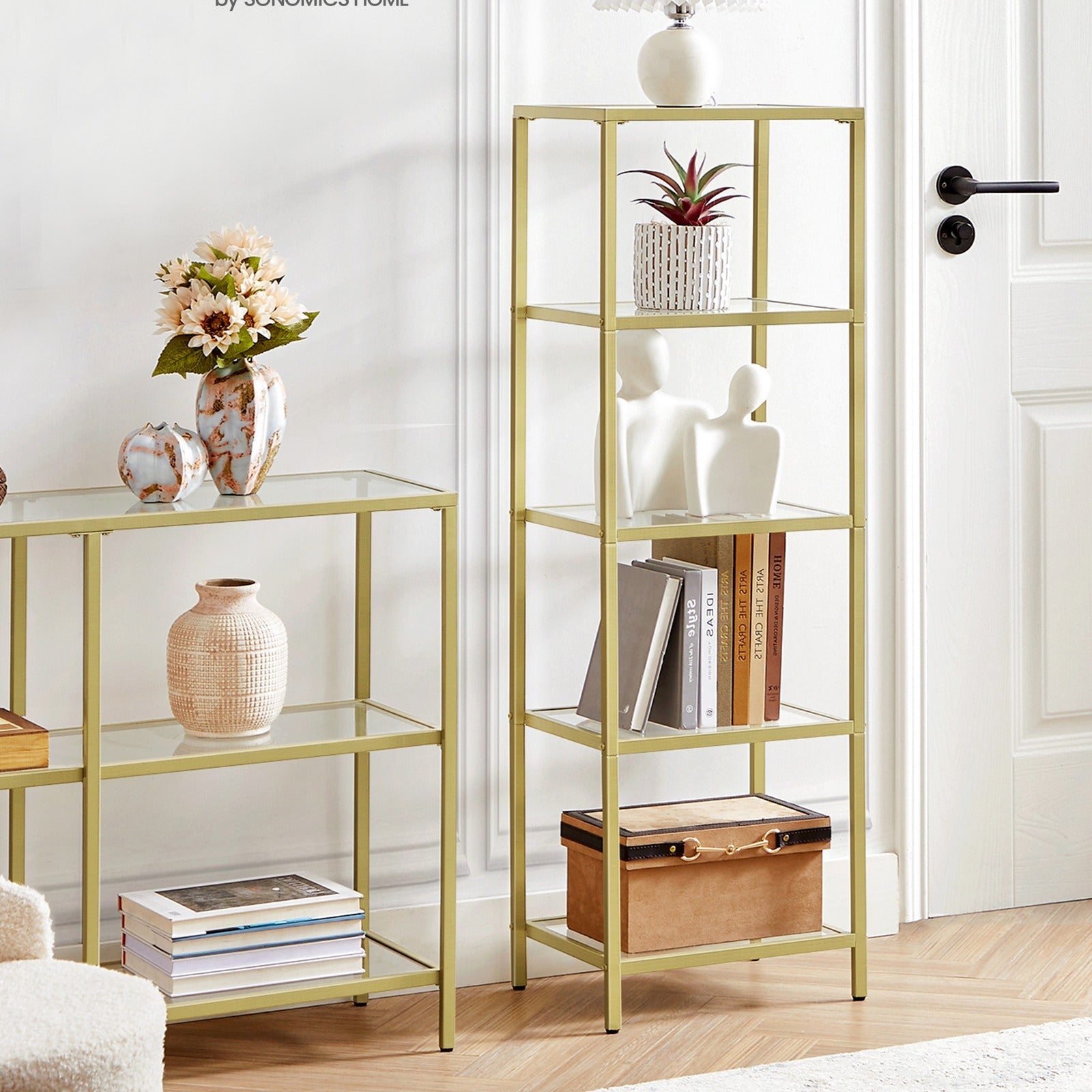 5-Tier Glass Shelf, Bookshelf, Storage Rack, Tempered Glass, Easy Assembly, Bathroom, Living Room, Black