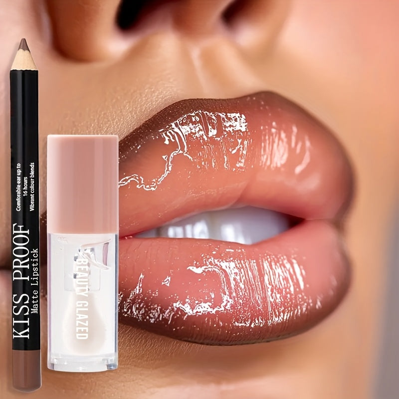 2pack BEAUTY GLAZED Waterproof Lip Liner & Lip Glaze Set - Long-Lasting Matte Lip Makeup Combo, Nude Brown/Pink/Deep Red Shades, Moisturizing Lip Pencil & Glossy-Free Lipstick for All Beige Types, All-Day Wear for Sensitive L