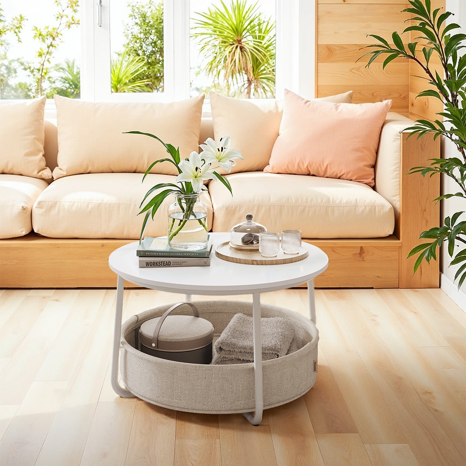 Coffee Table with Storage, Round Center Table with Fabric Basket, Modern Style, White and Brown