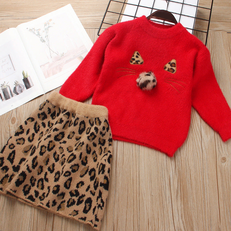 SHEIN Girls Pompom Detail Embroidery Fuzzy Sweater Top & Leopard Skirt Set