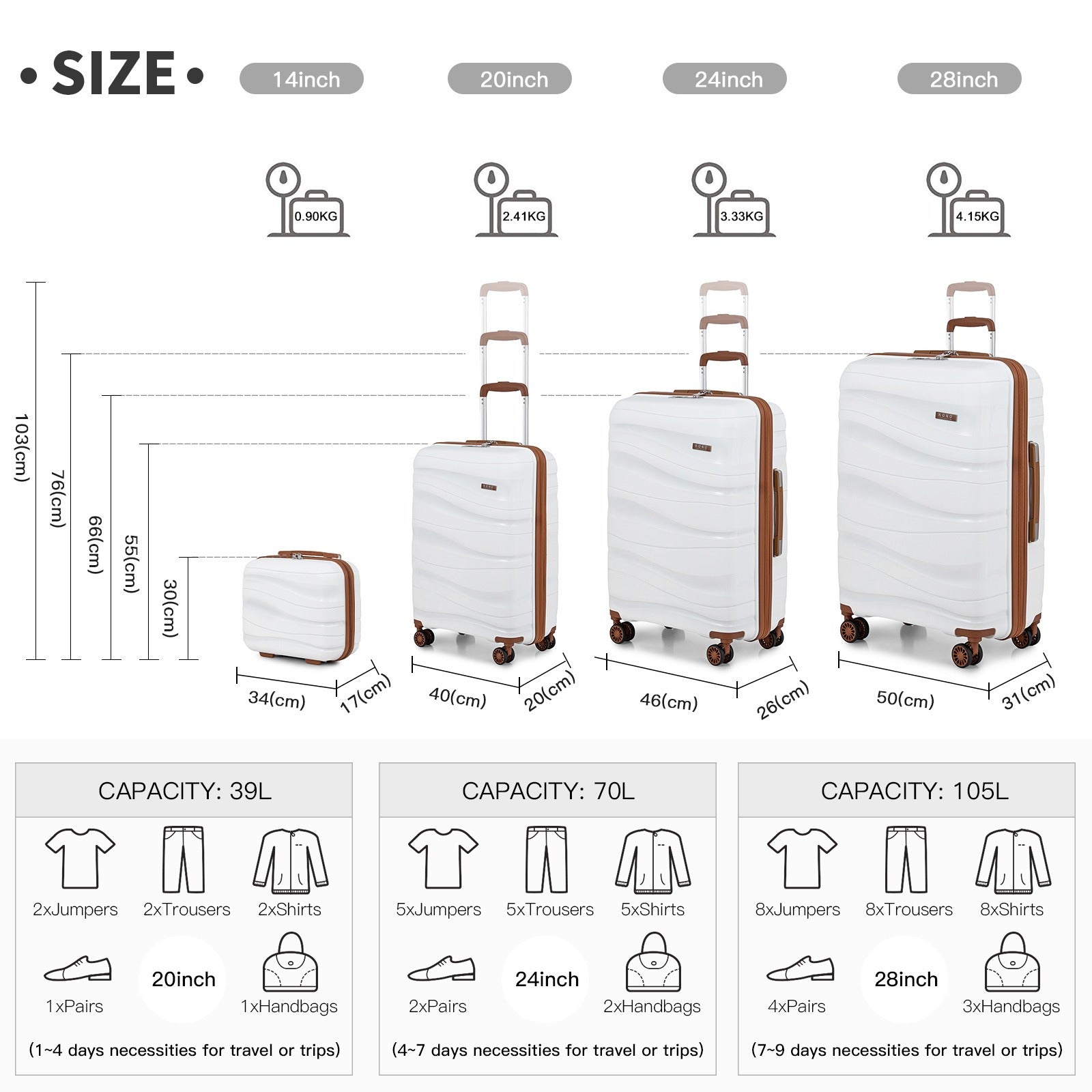 1Pcs of 20inch luggage Lightweight Polypropylene Hard Shell Suitcase with TSA Lock Spinner Wheels Travel Trolley Case and Beauty Case 14/20/24/28 Cream White Luggage Sets of 4 Piece, Luggage For Travel