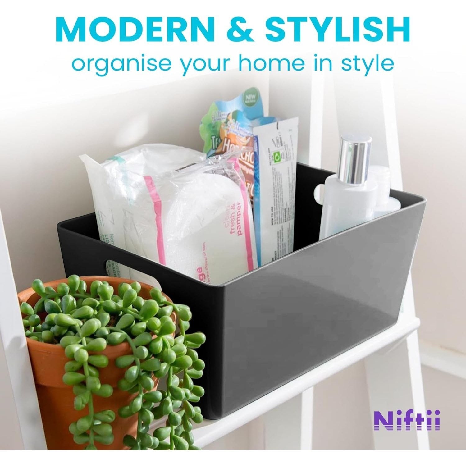 Niftii 5-Pack Plastic Storage Baskets with Sturdy Handles, Lightweight & Durable Design, Ideal for Kitchen, Bathroom, and Cleaning Organisation, 3.9L Capacity, 17 x 25 x 11cm