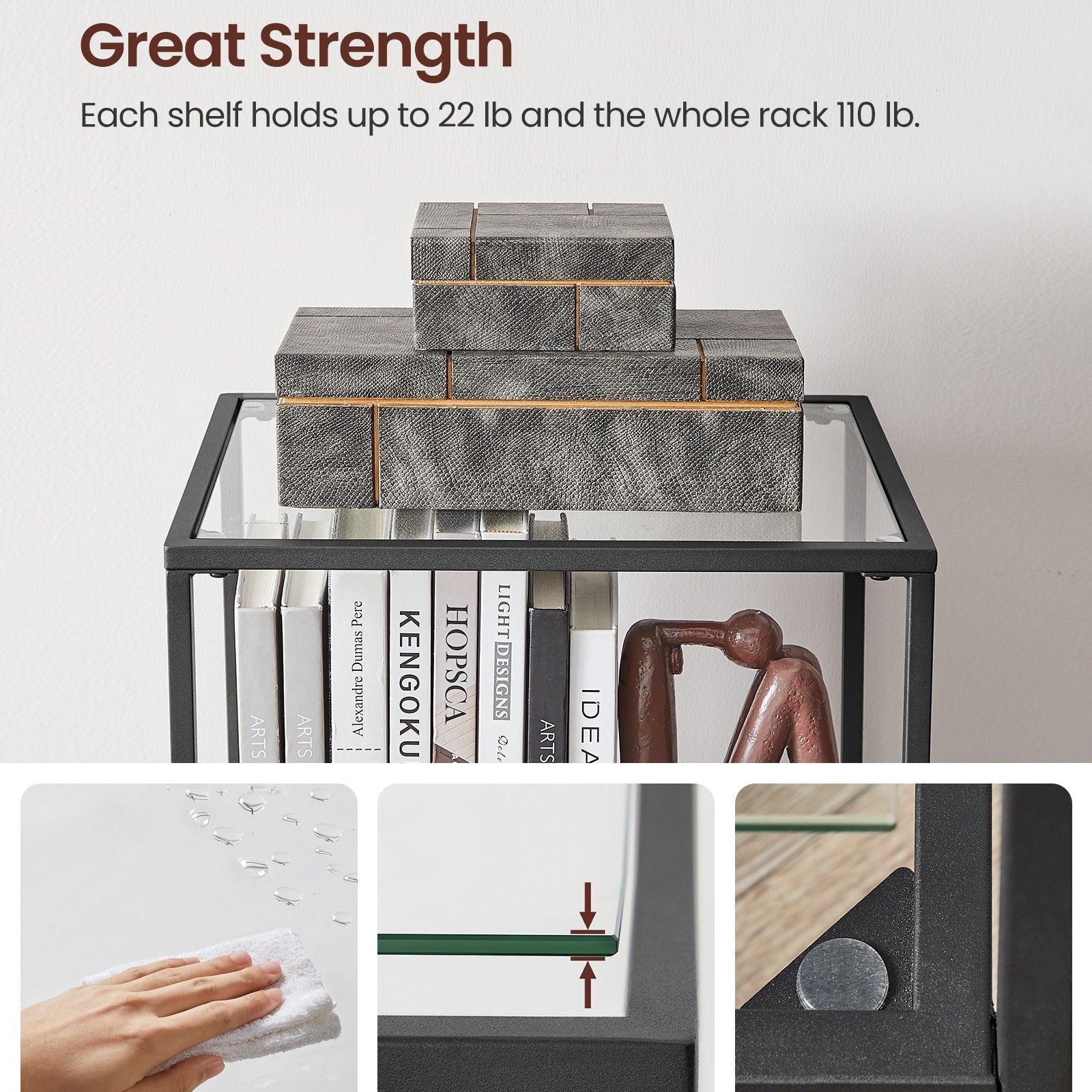 5-Tier Glass Shelf, Bookshelf, Storage Rack, Tempered Glass, Easy Assembly, Bathroom, Living Room, Black