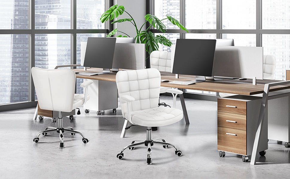 Costoffs Desk Chair, Mid Back PU Leather Office Chair with Padded Arms & Adjustable Seat Height, Modern Faux Leather Swivel Vanity Chair, Upholstered Computer Chair with 360° Swivel Vanity Chair for Home Office Workers, Remo