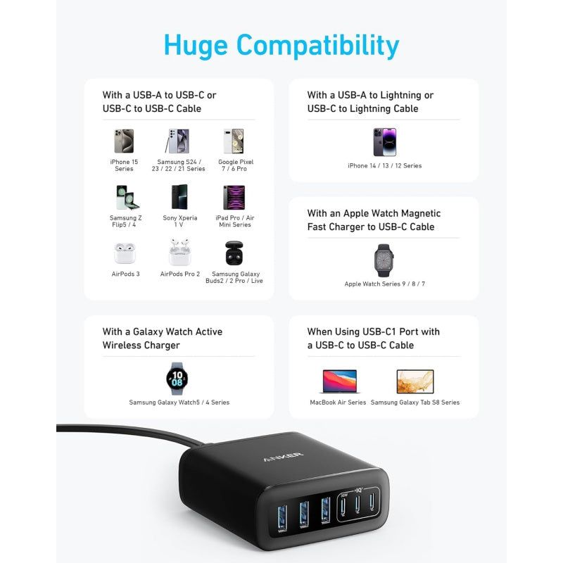 Anker USB C Charger, 6 Port Charging Station with 112W Power, for iPhone 17/16/15/14/13/12 Series, MacBook, Galaxy, iPad, and More (Cable Included)
